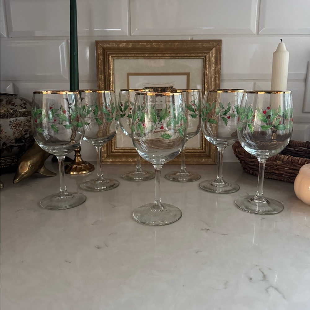 Lenox Holiday Group Glass Goblets Thick Band Set of 7